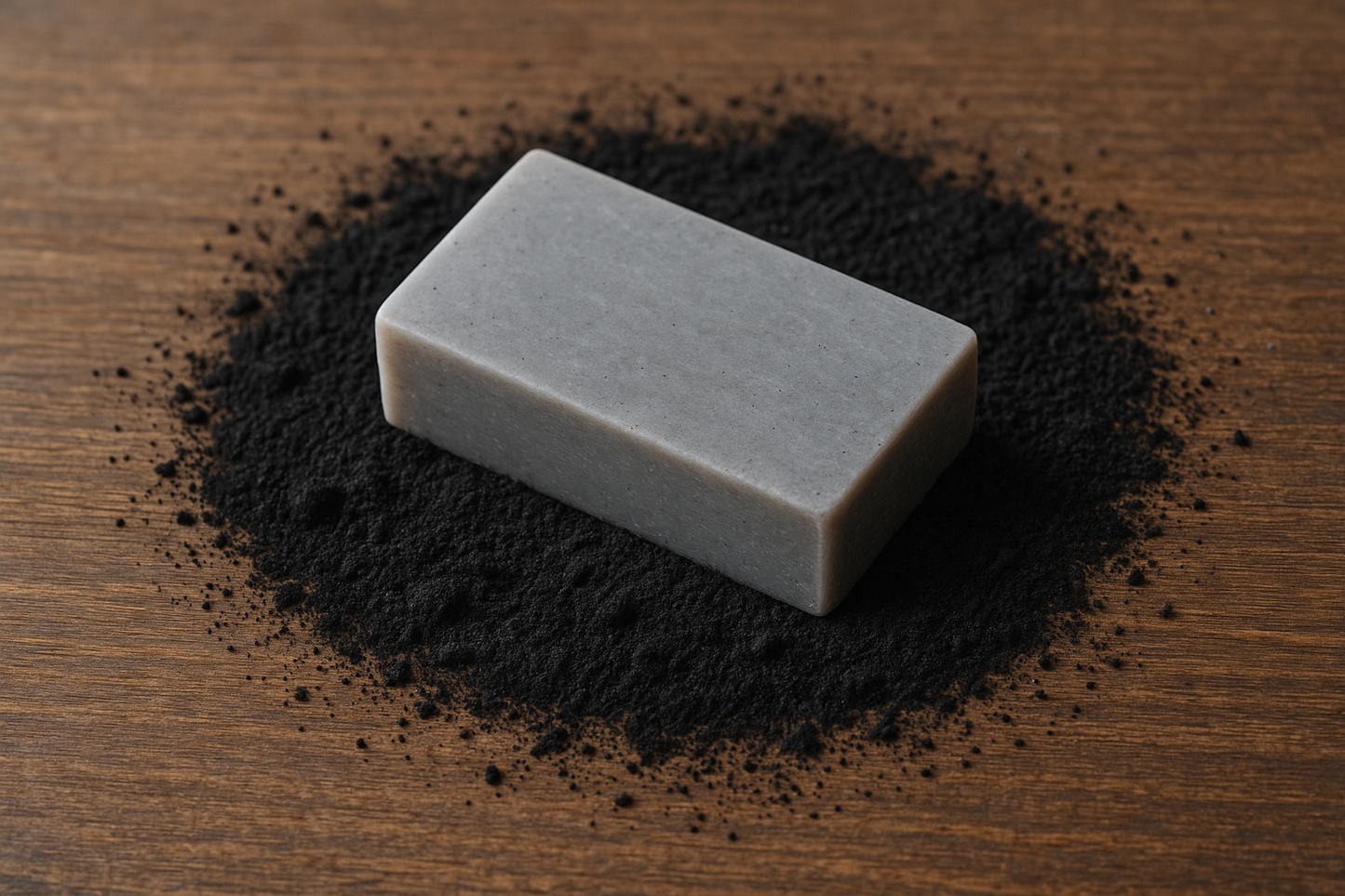Small gray bar of soap on a wood table surrounded by activated charcoal 