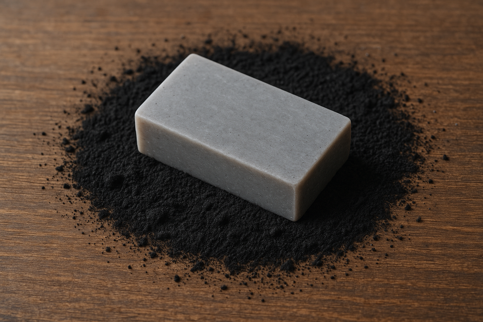 Small gray bar of soap on a wood table surrounded by activated charcoal 