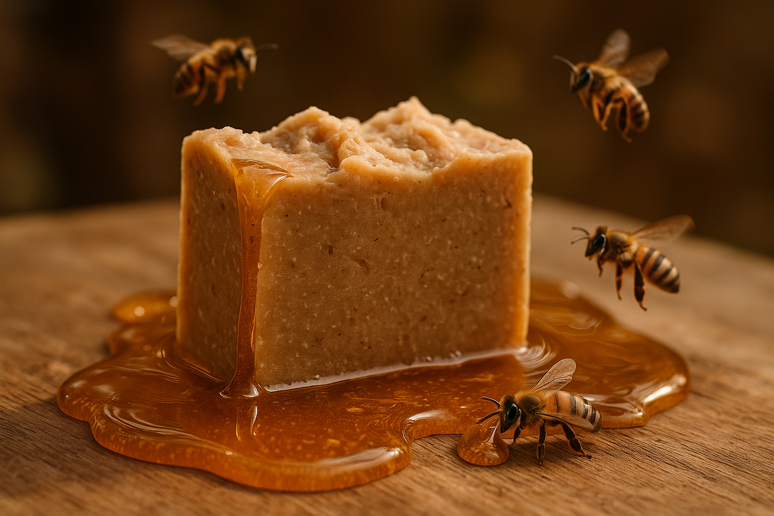 Small light brown handmade soap surrounded by honey and bees
