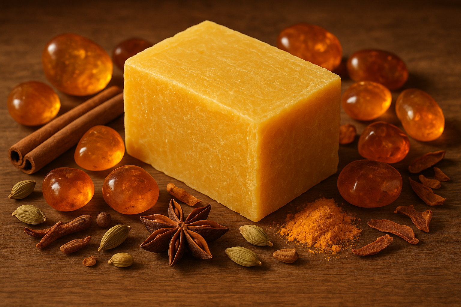 Yellow handmade bar soap surrounded by amber stones and spices