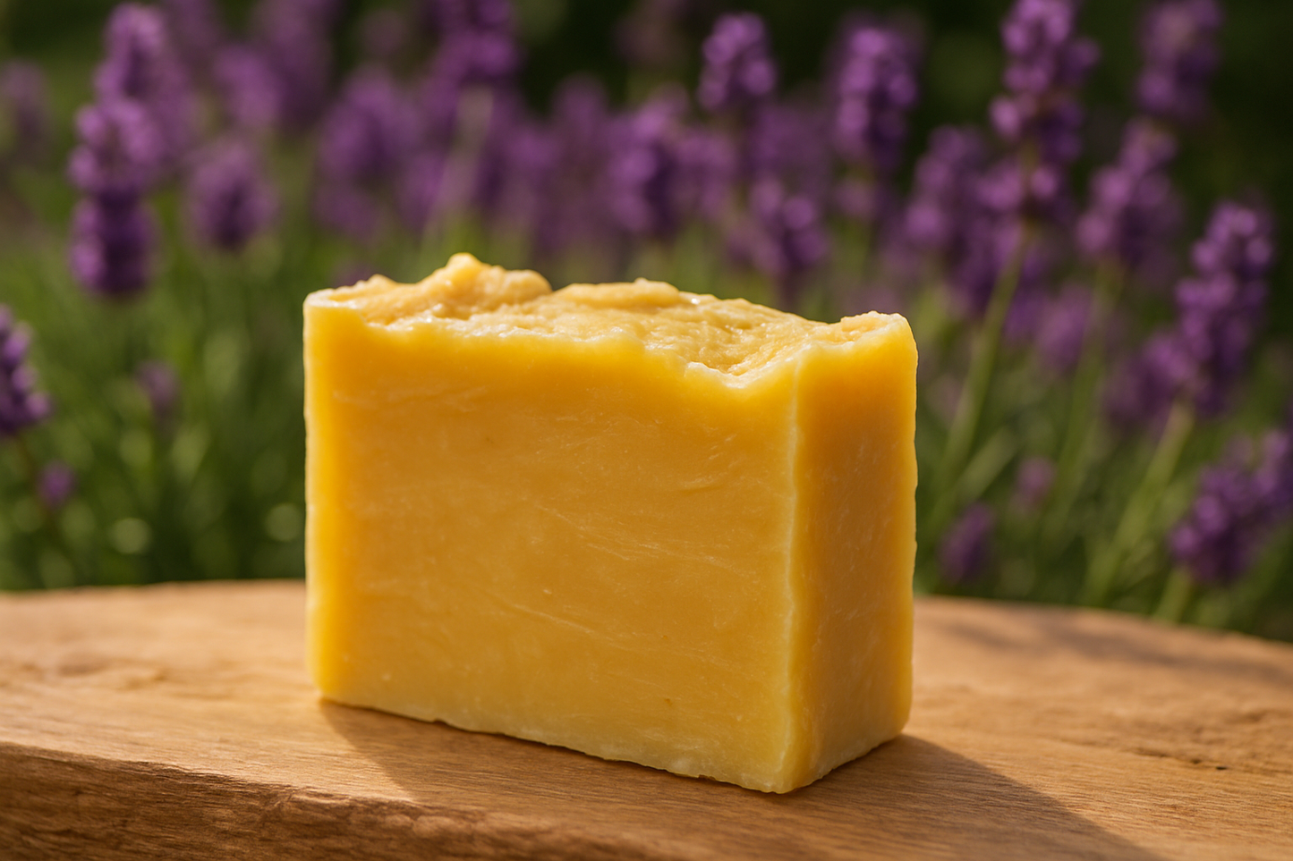 Yellow handmade bar soap with lavender plants in the background 
