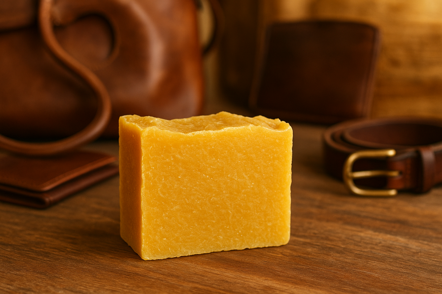 Yellow handmade bar soap with leather goods in background 
