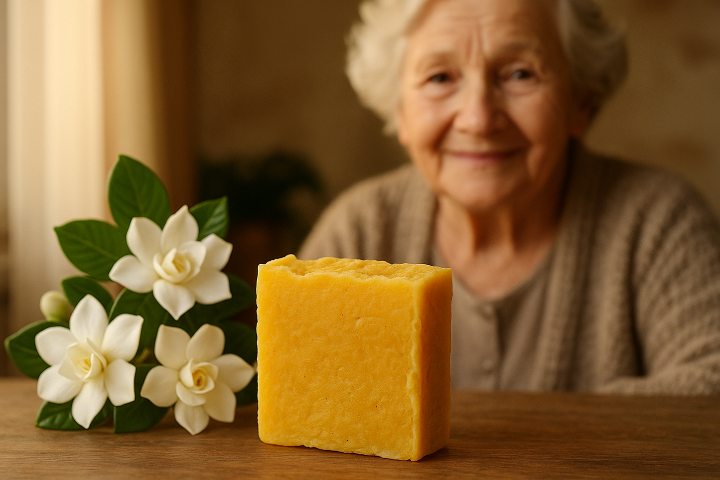 Yellow handmade soap bar with gardenia and grandma in background 