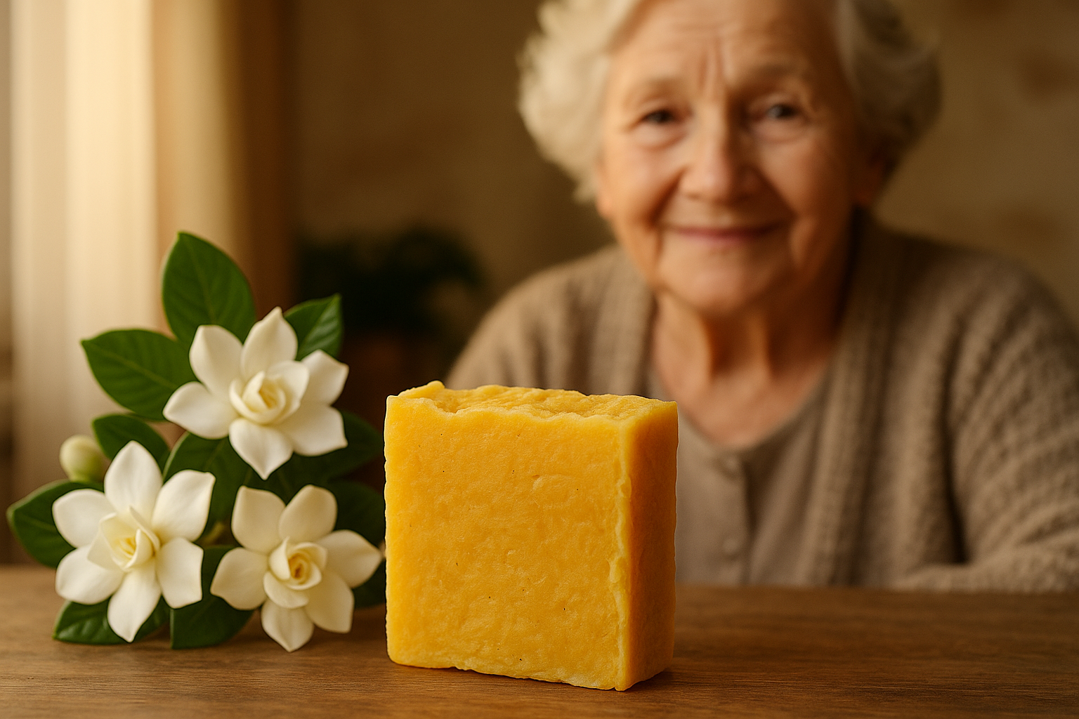 Yellow handmade soap bar with gardenia and grandma in background 