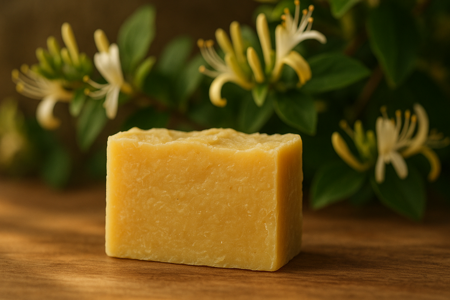 Yellow handmade soap with honeysuckle in the back ground 